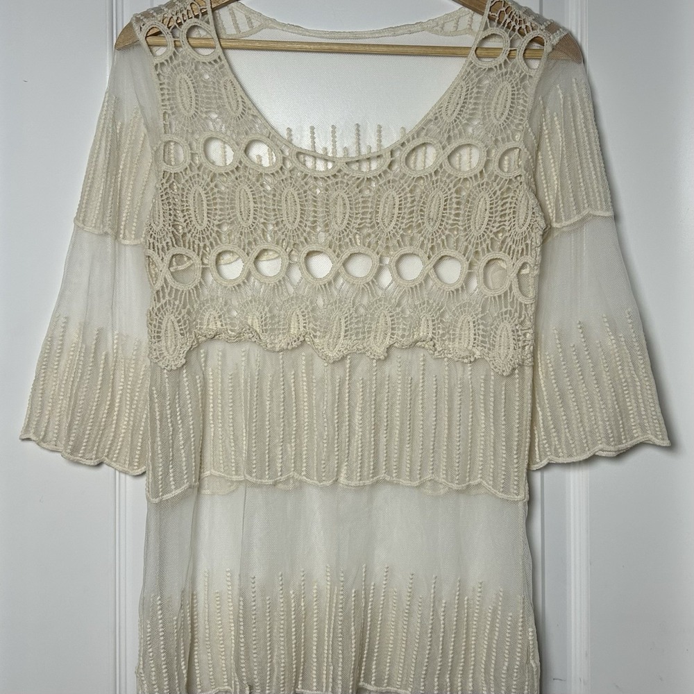 Ivory Crochet Lace Bell 3/4 Sleeve‎ Sheer Mesh Tunic Top Boho Festival Style
